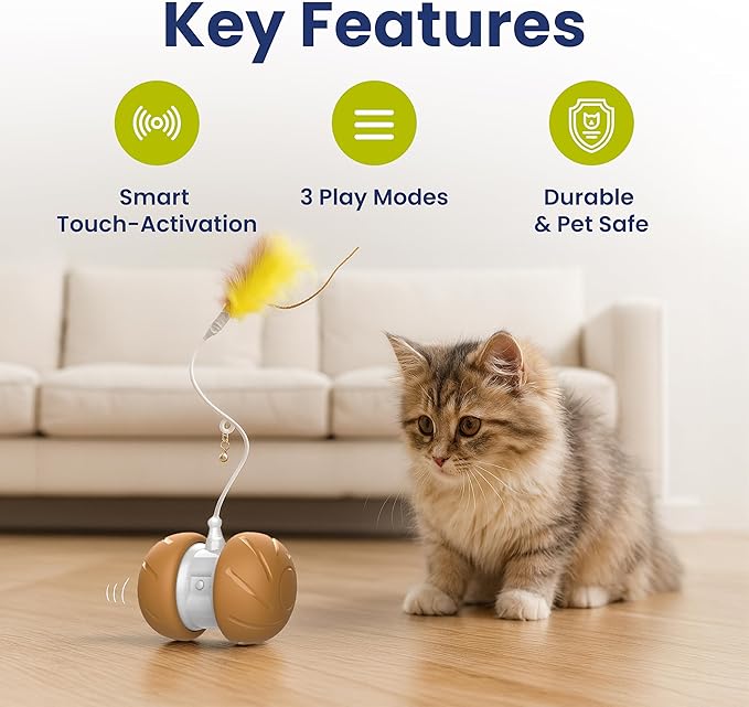 PAWSPIK Feather Tail Rechargeable Spinner Chasers Cat Toy, Orange (Interactive Self-Rolling Moving Cat Toy with 3 Speed Modes, Feather & Bell Attachments)