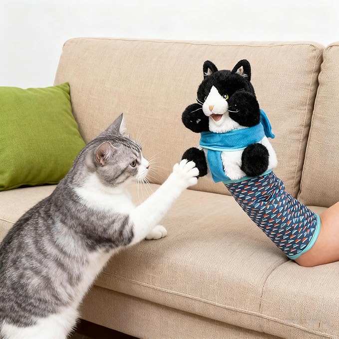Kitty Karate Cat Wrestler Puppet with Protective Forearm Sleeve, Karate Kitten Glove Interactive Arm Wrestling Puppet Toy, Realistic Movements, Soft Plush for Kittens & Cats (Black)