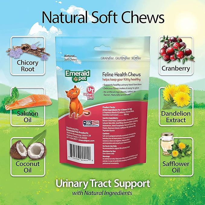 Emerald Pet 3 Pack of Urinary Tract Support Feline Health Chews, 2.5 Ounces Each, Grain-Free, Made in The USA