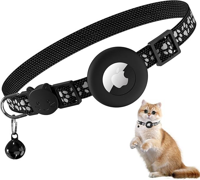 Meliya Airtag Cat Collar Breakaway with Bell, Adjustable Reflective Pet Kitten Collar with Apple Air Tag Holder Case for Girl Boy Cats (Footprints Black)