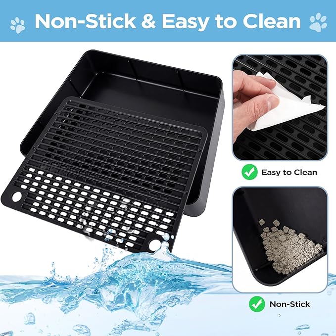 Adjustable 2 Steps Litter Box Ramp, Cat Litter Catcher Mat with Wooden Feet, Filter Function, Litter Box Step for Small & Elderly Cats, Fits Automatic Litter Boxes (Black)
