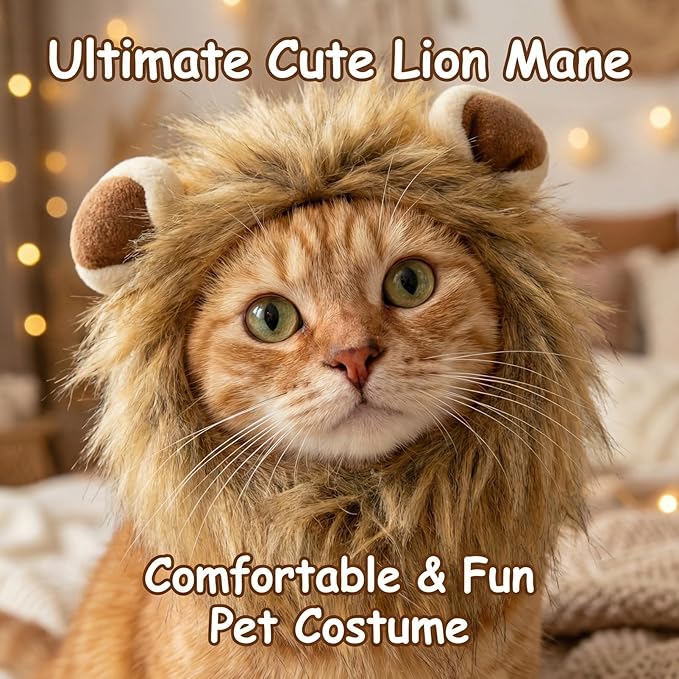 Lion Mane Wig for Cats, Adjustable Dog and Cat Costume for Halloween Christmas, Soft Pet Costumes and Cat Clothes (Size S)