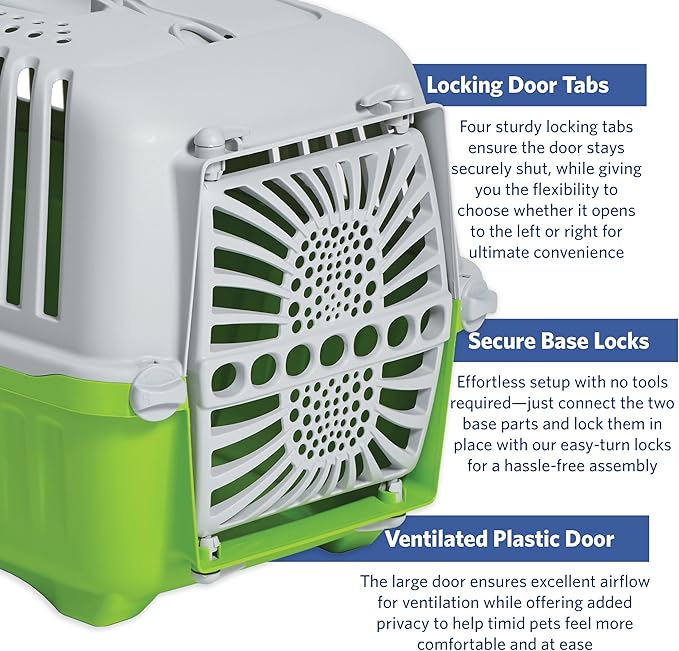 MidWest Homes for Pets Spree Travel Carrier - Hard-Sided Dog & Cat Carrier, Small Pet Travel Crate with Handle, Ventilated Design, Durable Plastic Door, Easy Assembly, 22-Inch, Green