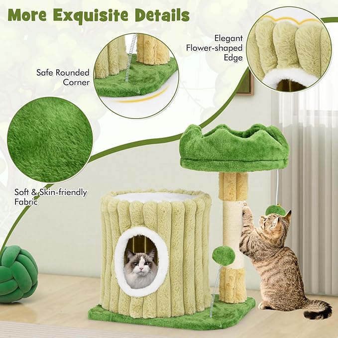 Tangkula Small Cat Tree, Green Cat Tower with Private Cat Condo, Plush Top Perch, Hanging Pompom & Spring Toy, Sisal Scratching Post, Cute Cat Climbing Tree for Indoor Cats