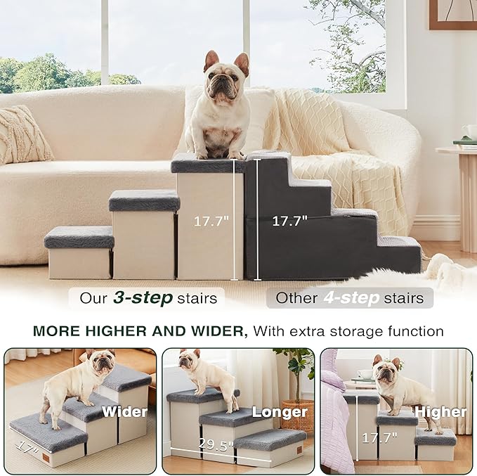 Love's cabin Dog Stairs for High Bed 18" H, 3 Steps with Furry Lids Pet Stairs for Small Medium Large Dogs, Foldable Cat Ramp with Zip up to 200 lbs, Grey