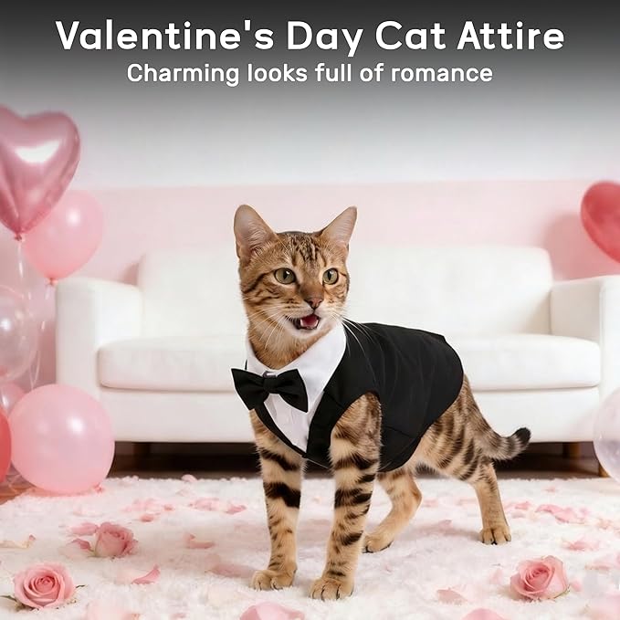 PUMYPOREITY Cat Tuxedo Suit Formal Wear with Bow Tie, Soft Skin-Friendly Cat Costumes for Cats Only, Elegant Outfit for Male Female Cats, Perfect for Wedding Birthday Photo Shoots, XS, Black