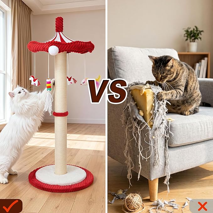 Carousel Interactive Cat Toys for Indoor Cats, 39" Tall Cat Scratching Posts for Indoor Cats Adults with Rotating Top, Cute Cat Scratch Post with Hanging Cat Toys, Large