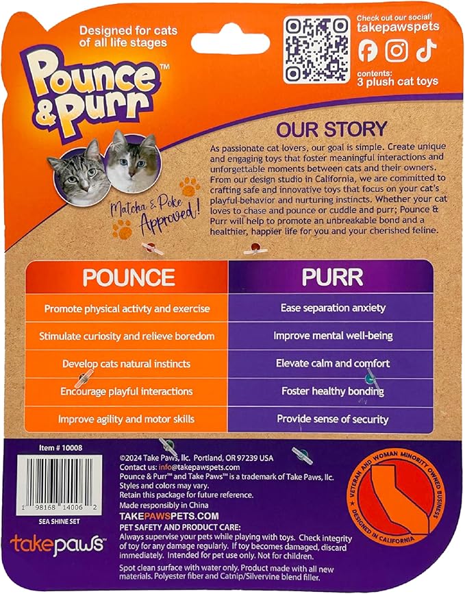 Pounce & Purr® Plush Cat Toys, Catnip & Silvervine Infused, Shiny Iridescent Accents, Interactive Play Toys for Cats & Kittens (Colorful Seashine Series)
