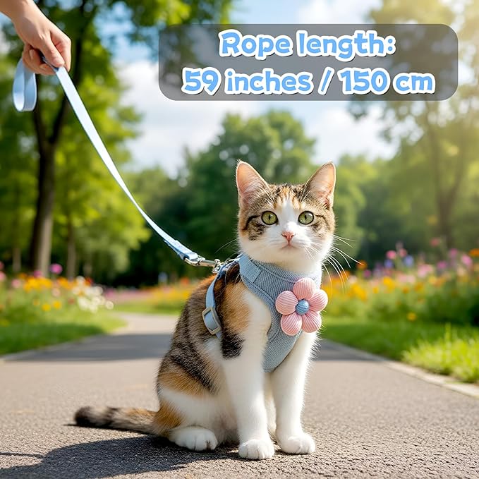 Cat Harness and Leash Set, Escape Proof Safe Kitten Vest Harnesses Adjustable Comfy Breathable Soft Mesh Step-in Jacket with Flower for Small Pet Kitty Puppy Dogs Bunny Walking