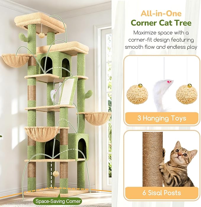 Globlazer Extra Large Cactus Cat Tree Tower 80in Tall Cat Tree for Multiple Indoor Cats Large Adult Kittens with Scratching Posts, 2 Widened Perches, Adjustable Baskets, 2 Cozy Condos, S80G, Green