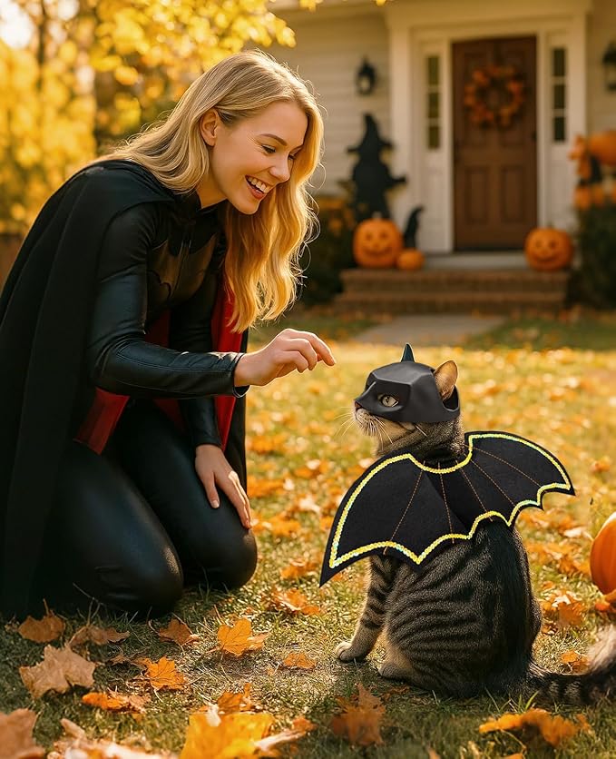 Halloween Cat Bat Wings Costume - Pet Outfits and Mask for Party Kitten Apparel for Boy Girl Funny Kitty Cosplay Dress Up Accessories