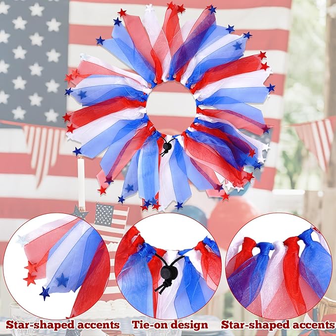 4th of July Dog Outfit, 2 Pcs Patriotic Red White Blue Dog Accessories, Fourth of July Pet Bow Headband and Star Tulle Collar Neck Ruff Set for Small Medium Dogs Cats