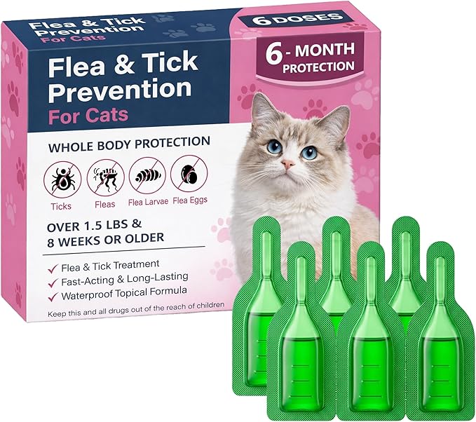 Cat Dewormer Topical Flea & Tick for Cats & Kittens, Monthly for Cats Over 1.5 lbs & 8 Weeks or Older, 6 Doses Supply Fast-Acting & Long-Lasting Waterproof Drops
