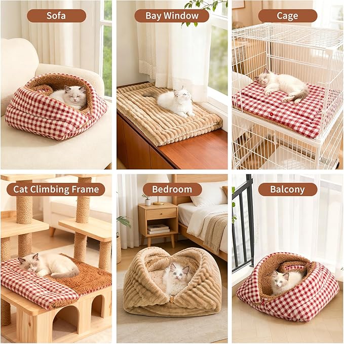Jiupety Cat Bed for Indoor Self Warming Cat Bed Mat Ultra-Soft Plaid Dog Beds Machine Washable Pet Bed,Multifunction Folding Pet Blanket for Small Dogs and Cats Red,30X23In