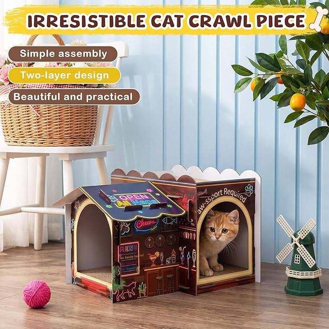 Lineshading 2 Story Cardboard Cat House with Scratcher Pad, Multi Level Durable Cat Scratcher House for Small Kitten Bunny Rabbit Animals Christmas Birthday Gift(17x12x10,Bar)