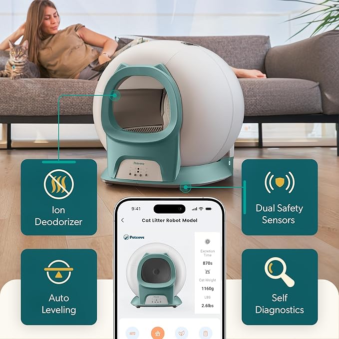 Petcove Automatic Self Cleaning Litter Box for Multiple Cats - PurrTek with Smart App (5GHz Wi-Fi), Triple Odor Control, Quiet Operation & Advanced Safety Sensors