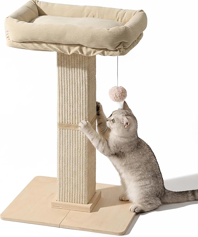 FUKUMARU Cat Scratching Post, Modern Style Tall Scratch Posts with Perch for Infoor Cats Adults, Large Cat Scratcher Tower with Bed, Small Tree with Raised Stand, Natural Sisal & Solid Wood