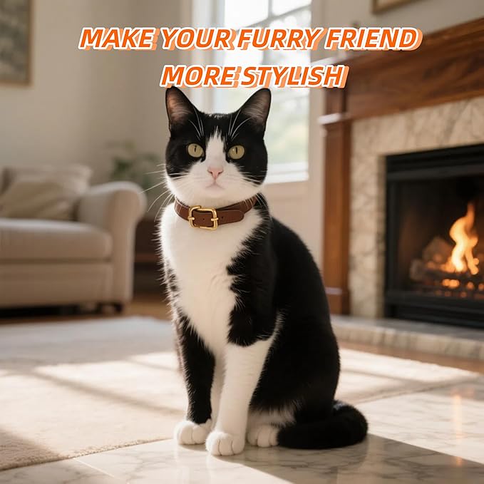 Genuine Leather Cat Collar Adjustable Durable and Comfortable for Cats, Puppies, and Extra Small Dogs(S,15" (Neck Fits 10"-13")