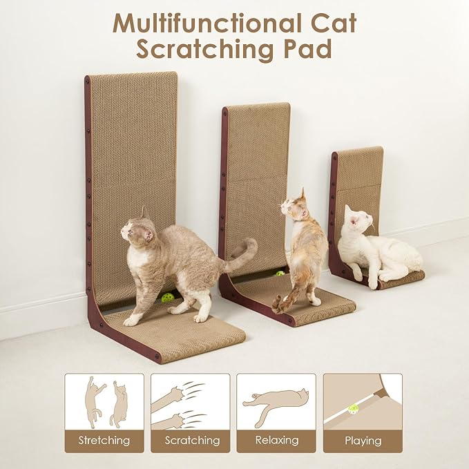 EHEYCIGA Cardboard Cat Scratcher for Indoor Cats, 26.8 Inch L Shaped Vertical Cat Scratching Board with Ball Cat Toy, Large Cat Scratcher Pad, Dark Brown