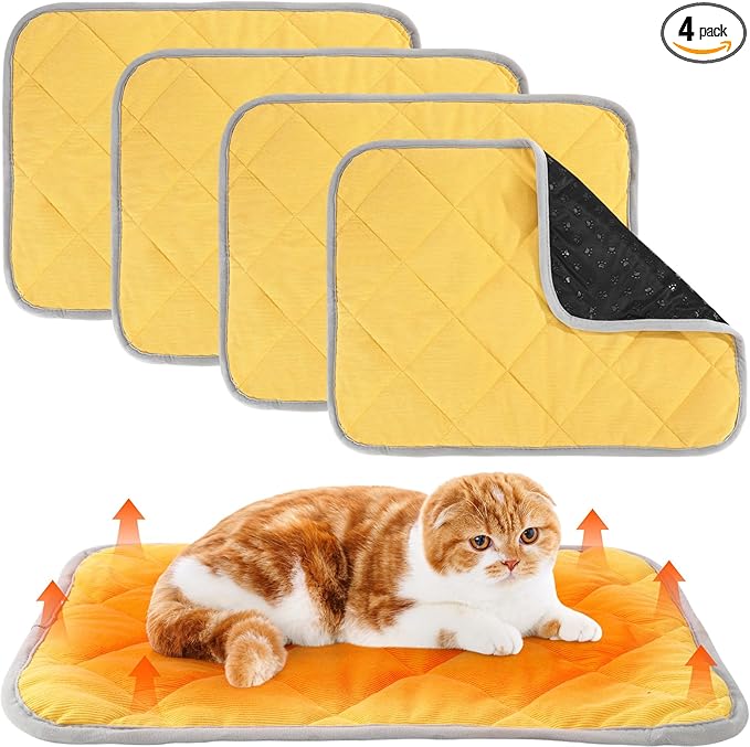 Novabright 4 Pack Self Warming Cat Bed Cat Dog Heating Pad Soft Warm Thermal Mat with Anti-Slip Bottom Dog Crate Pad for Outdoor Indoor Small Dogs Kittens (Turmeric Color,17.7 x 23.6 Inches)