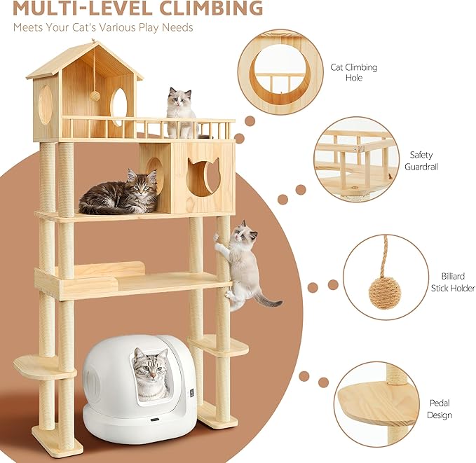 Wood Cat Tree for Automatic Litter Box, 74.4" Tall Cat Tower for Self Cleaning Litter Box, Cats Tree for Indoor Cats Large Adult, 5-Level Solid Wood Cat Furniture w/Scratching Post, House