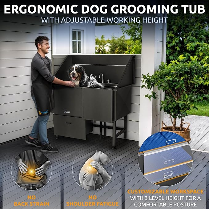 KANIS Professional Dog Washing Station 304 Stainless Steel Pet Wash Sink & Grooming Bathtub w/Shower, Floor Grates and Storage for Large, Medium & Small Pets (Black, 50 Inches, Right Ramp, 1 Drawer)