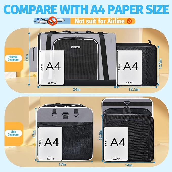 Petskd Side Expandable Extra Large Cat Carrier with Litter Box Area, 24"x17"x17" Soft-Sided Pet Carrier for 2 Cats Under 55 lbs with Zipper Locks for Car Travel(Grey)