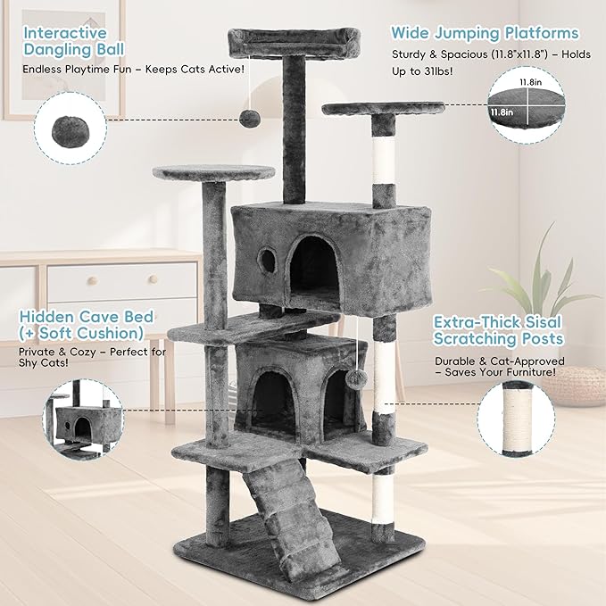 Cat Trees Towers for Large Cats 54" Tall - Cat House with Scratching Posts, Cozy Condo, Bed Cave, Climbing Ladder & Pom Pom Toys - Cat Furniture - Ashy Gray
