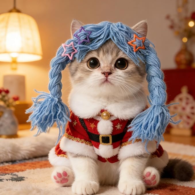 Cat Wig for Small Dogs & Pets, Cute Braided Yarn Costume, Funny Birthday Outfit Clothes, Soft Lightweight Accessory for Photos, Party Props and Daily Wear (Yellow)