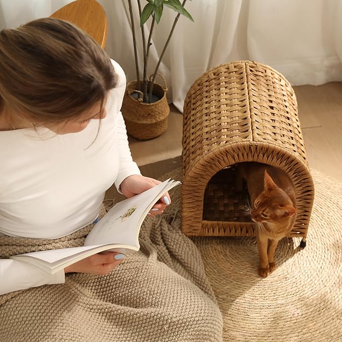 Handwoven Rattan Dome Cat House for Cats Under 20 lb, Indoor Cat Hideaway, 14.2" H × 14.2" W × 16.5" D, Breathable Wicker Cat Bed House, Cozy Rustic Cat Furniture (Tan)