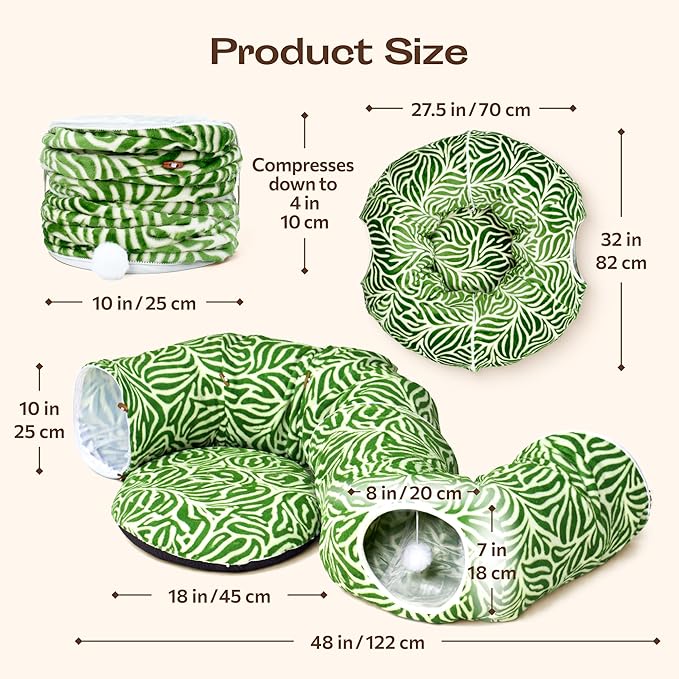 Meowfia Indoor Cat Tunnel with Donut Bed - Large Flexible Play Space for Multiple Pets - Circle or Snake Shape, Cozy Lounge (Jungle Nest)