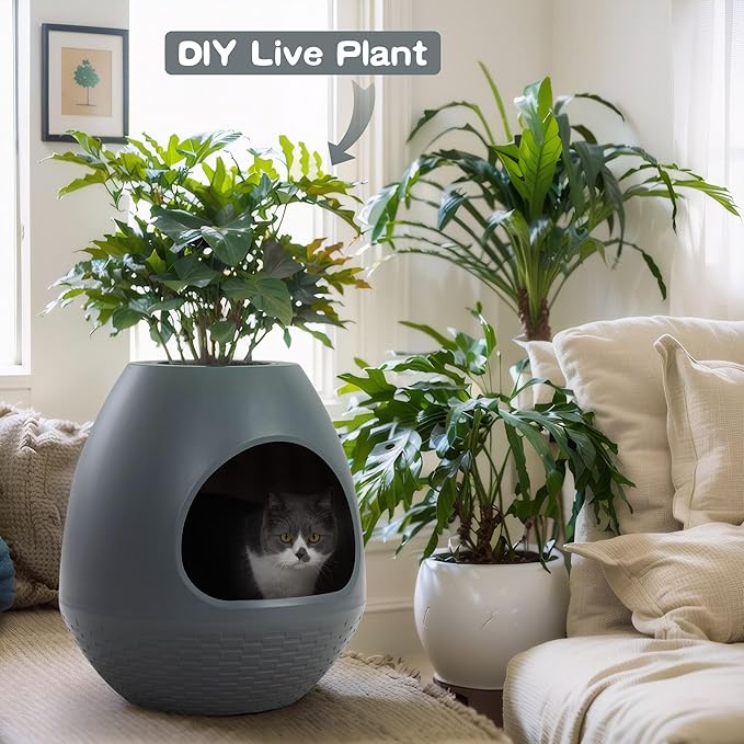 Eggloa6 Hidden Cat Litter Box with Artificial Plants - Egg-Shaped Enclosure Includes Scoop, Discreet Furniture for Home Decor, DIY Assembly Cat Litter Box Cabinet for Living Room(Grey)