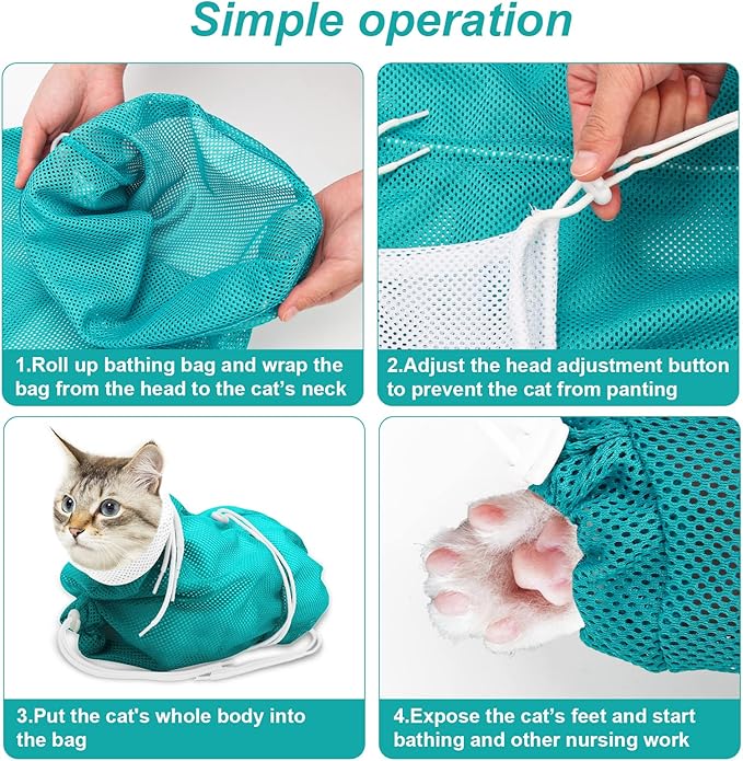 Cat Bathing Bag, Breathable Mesh Cat Shower Washing Bag Anti Scratch Adjustable Cat Grooming Bag for Nail Trimming