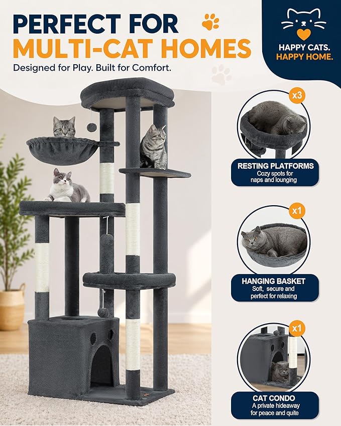 Multi-Level Cat Tree Tower for Indoor Cats, 67 inch Tall XL Heavy Duty Climbing Tower with 3 Large Platform, Scratching Post, Hammock, Kitty Condo for Multiple Cats, Extra Large Cat Trees, Dark Grey