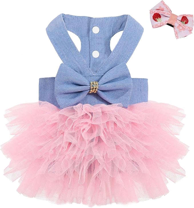 Dog Dress, Fashion Puppy Tutu Princess Dresses for Small Dogs Girl, Sweet Skirt with Dog Bowknot Clips, Spring Dog Cat Clothes Pet Apparel (Denim Dress Tutu, Large)