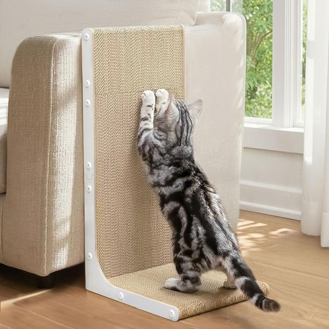 Conlun Cardboard Cat Scratcher, 23" L-Shaped Scratch Pad, Vertical Wall-Leaning Scratching Board to Protect Furniture for Indoor Cats, White
