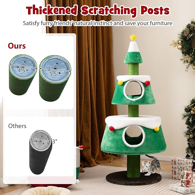 Dreamade 60" Christmas Cat Tower with 2-Level Cat Condos, Premium Scratching Posts,Star Design, Play Center for Kittens, Festive Cat Hideaway Furniture, Green