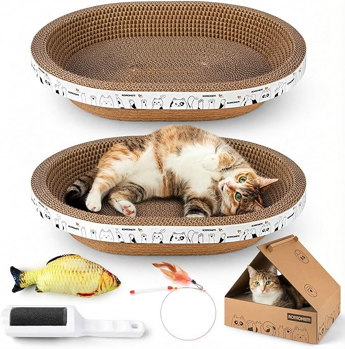 All-in-One Cardboard Cat Scratchers for Indoor Cats, Oval Cat Scratch Box & Lounger Beds Kitten Loves, Durable Cat Scratching Pads + Bonus Toys Couch Cat Scratch Protector