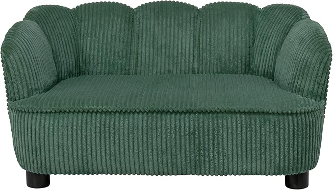 Paws & Purrs Retro Scalloped Back Sofa Style Pet Bed, Dog & Cat Couch with Tufted Cushion & Armrest, Stylish Indoor Pet Furniture, Sage