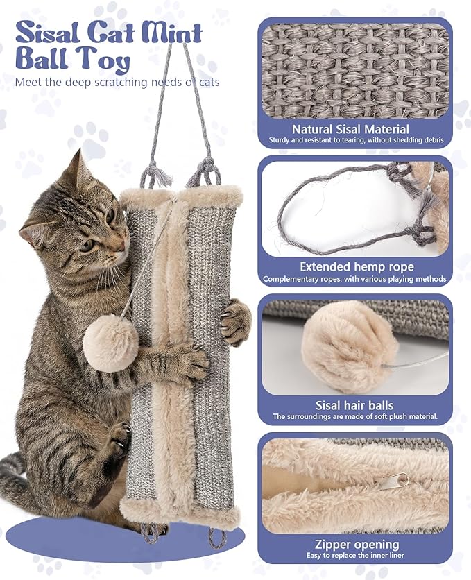 16.5" Sisal Catnip Kicker Toy for Indoor Cats,Heavy Duty Cat Scratching Pillow with 24" Bonus Rope,Washable & Refillable Catnip Toy for Aggressive Kickers,Chewing & Teething, Sisal Mat Texture (Grey)