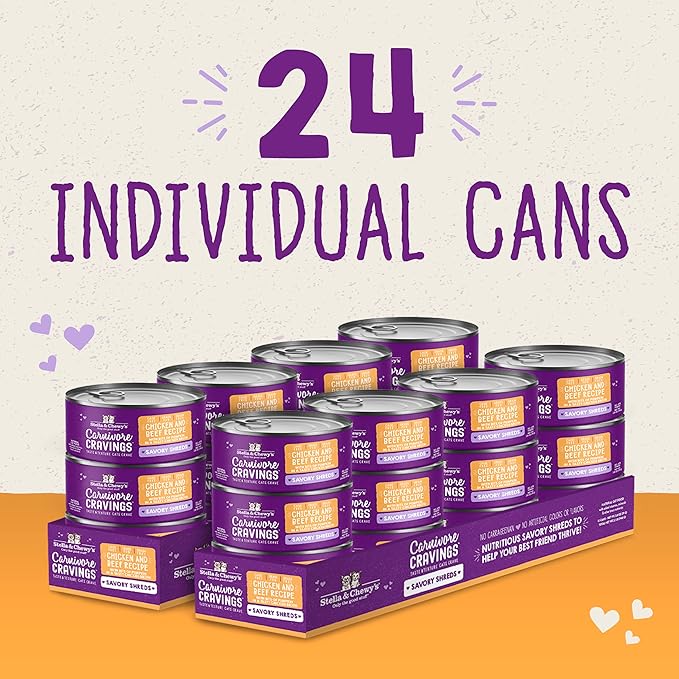 Stella & Chewy's Carnivore Cravings Savory Shreds - Wet Cat Food - High-Moisture Formula with Premium Cage-Free Chicken & Grass-Fed Beef - Perfect for Picky Eaters - 5.2 oz, 24 Count