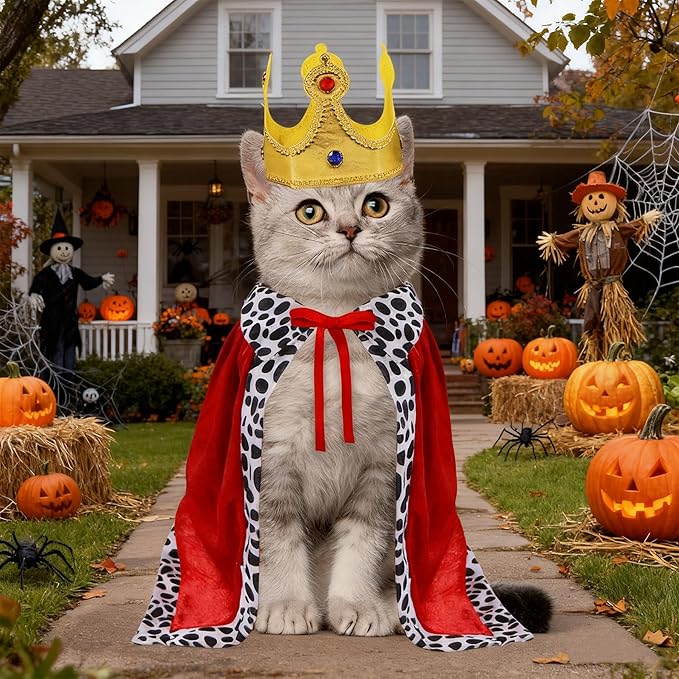 GOYOSWA Cat Halloween Costumes, Pet Cat King Costume King Red Cloak Golden Crown Set Halloween King Prince Costumes for Cats Kitty Small Dogs