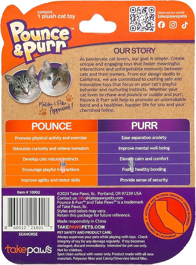 Pounce & Purr® Plush Cat Toys, Catnip & Silvervine Infused, Shiny Iridescent Accents, Interactive Play Toys for Cats & Kittens (Seahorse)