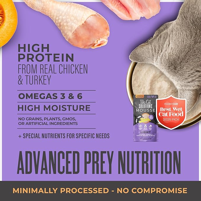 Tiki Cat Solutions Light Mousse, Chicken, Turkey & Pumpkin, Formulated to Support Healthy Trim and Fit, Functional Wet Cat for Adult Cats, 2.4 oz. Pouch (12 Count)