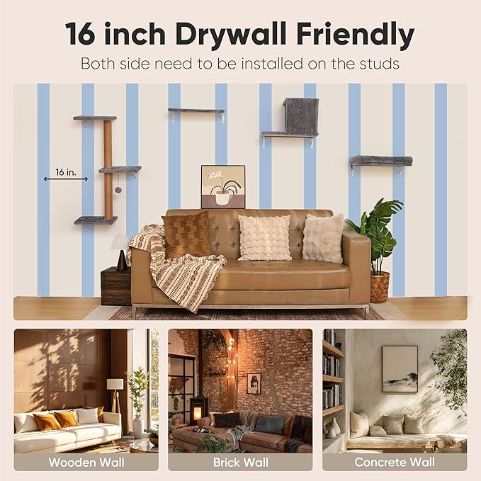 FUKUMARU Cat Wall Shelves, Stable & Safe 4 in 1 Cat Walls Furniture Set, Wooden Kitten Climbing Wall with Scratching Post for 16 Inch Drywall - Beige