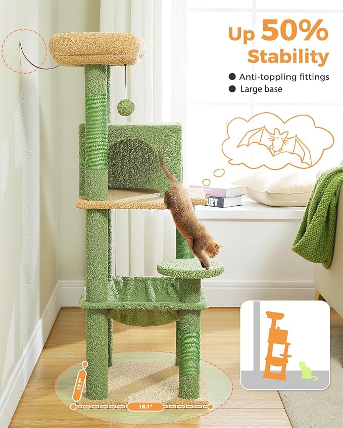 MUTTROS Cactus Cat Tree for Indoor Cats, 45.7" Multi-Level Cat Tower with Large Metal Frame Hammock, Cat Condo with 4 Scratching Posts and Top Perch, Green