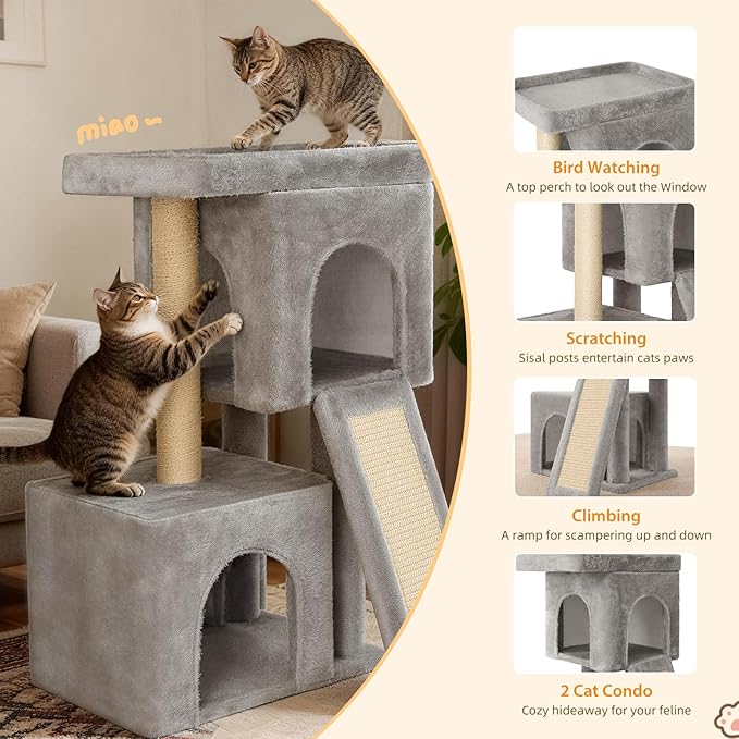 27 inch Small Cat Tree,Komicoll Multi-Level Cat Tower with Sisal Scratching Posts,2 Comfy Condos,Large Plush Top Perch Ideal for Indoor Cats and Kittens (Grey)