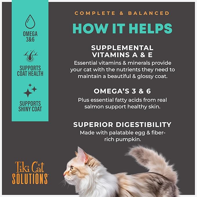 Tiki Cat Solutions Mousse Skin & Coat Mousse, Salmon Recipe, Specially Formulated with Omega Fatty Acids, Functional Wet Cat Food for Adult Cats, 2.4 oz. Pouch (12 Count)