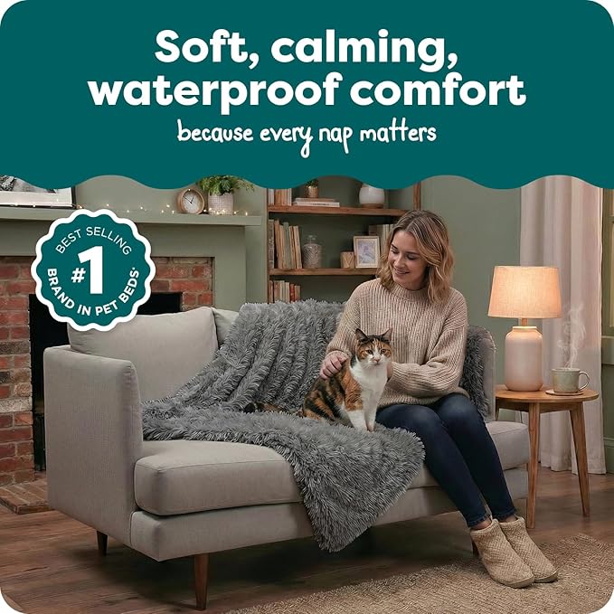 FurHaven Waterproof Throw Blanket For Dogs & Indoor Cats, Reversible Protective Pet Blanket, Medium, Long Faux Fur & Velvet, Gray