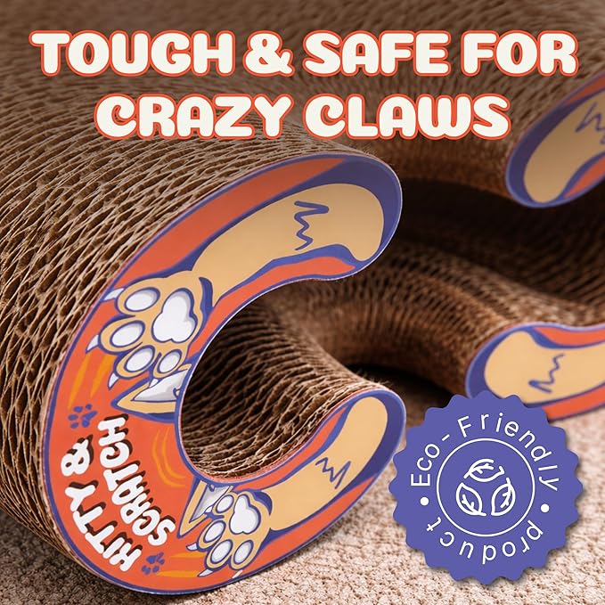 Kitty&Scratch Cat Scratcher Toy | Cardboard Cat Toy with Ball Track with Bell | Kitty Kurlz | Kitty Curls Style Accordion Toy | Expandable Reversible Cardboard Scratcher for Cats & Kittens